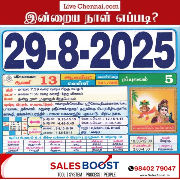 Auspicious (Nalla Neram) time today (Aug 29th)